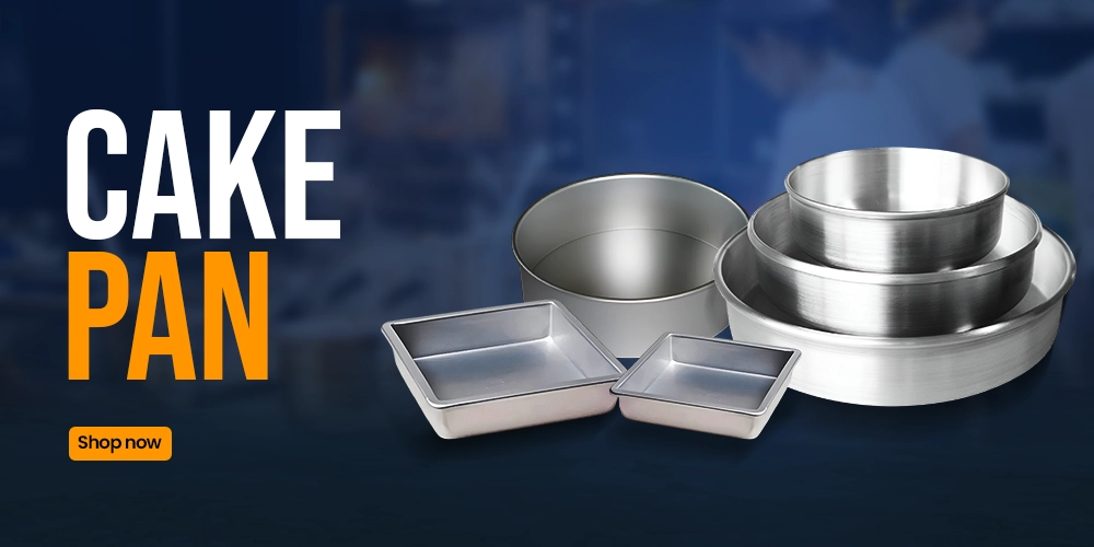 Banner featuring THS cake pans in round and square shapes, designed for reliable performance in bakeries and professional kitchens.